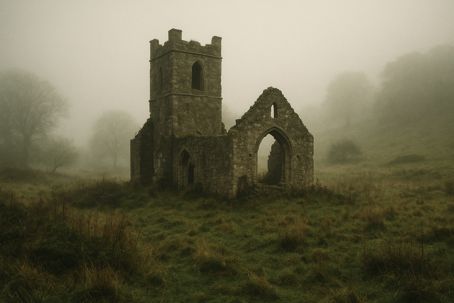 Ruined medieval church in a misty English countryside, symbolising the lost and forgotten parishes of England.